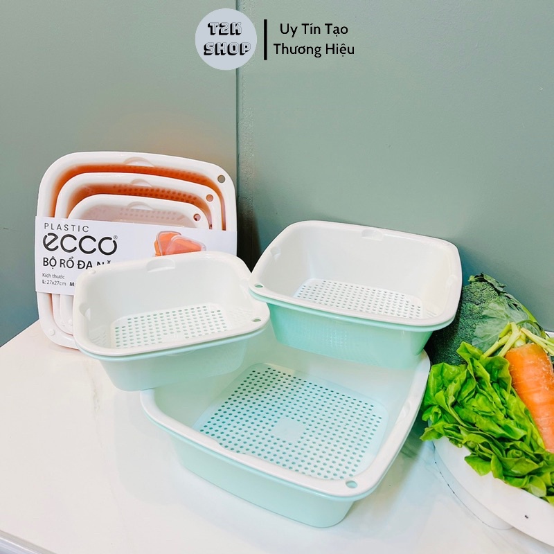 Set 6 bộ rổ kèm chậu thau nhựa rửa rau củ đựng hoa quả trái cây chất liệu nhựa nguyên sinh ECCO - T2K Shop