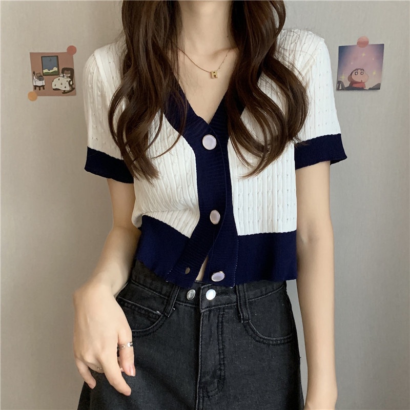 Nữ mùa hè áo len ngắn tay dệt kim cổ chữ V đầy màu sắc [Quảng Châu] | BigBuy360 - bigbuy360.vn