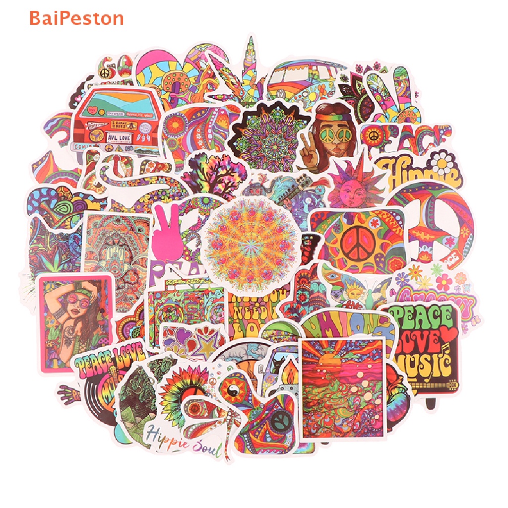 Set 50 Miếng Dán Nghệ Thuật Hippie Cổ Điển Trang Trí Ván Trượt / Laptop / Tủ Lạnh