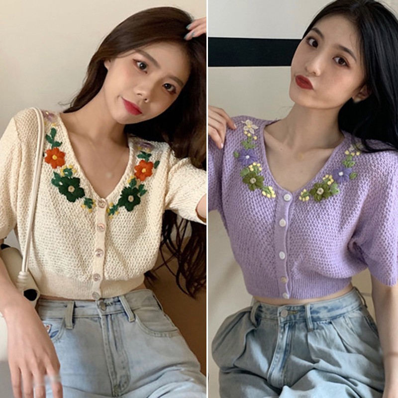 [Mã FAMAYWA giảm 10K đơn 50K] Áo dệt kim tay ngắn cổ chữ V họa tiết thêu hoa dễ thương phong cách retro thời trang nữ | BigBuy360 - bigbuy360.vn