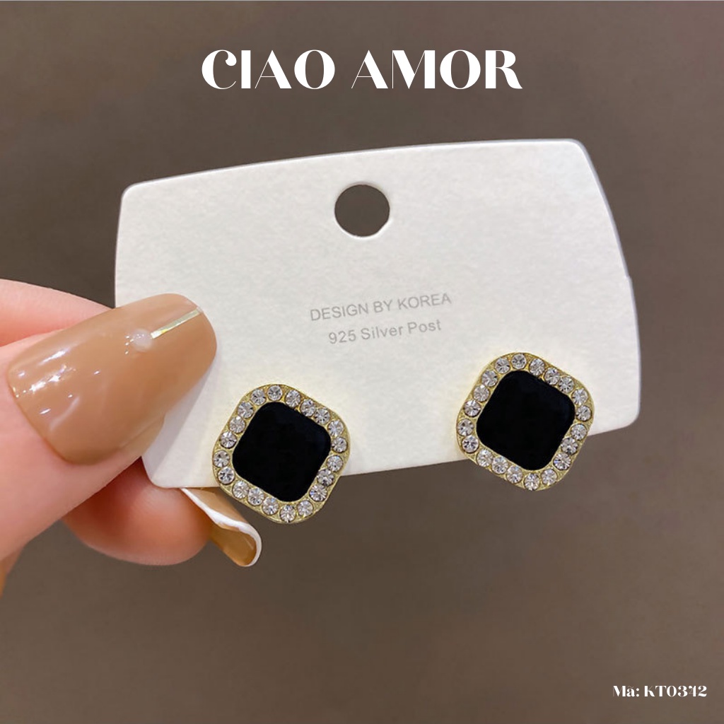 Khuyên tai nữ, Bông tai nữ nụ bạc 925 vuông bo vòng đen đính đá viền Trang sức Ciao Amor - KT0342
