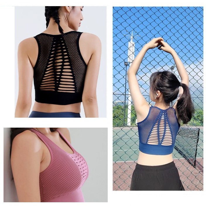 Áo bra gym yoga thể thao có mút đệm, chất dệt kim siêu co giãn, lưới lưng sexy
