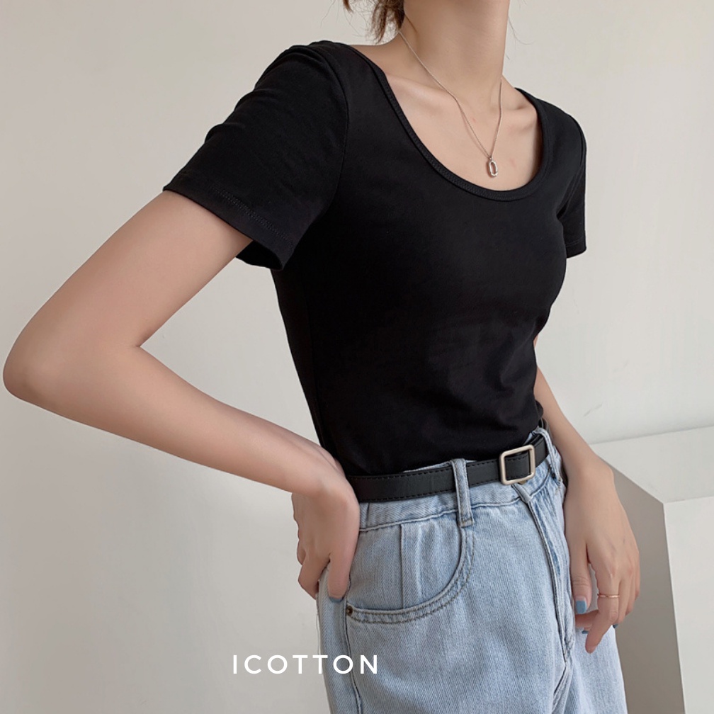 Áo thun nữ cổ vuông cộc tay iCotton form dáng ôm vừa tôn dáng basic chất đẹp cao cấp 100% cotton có biggsize