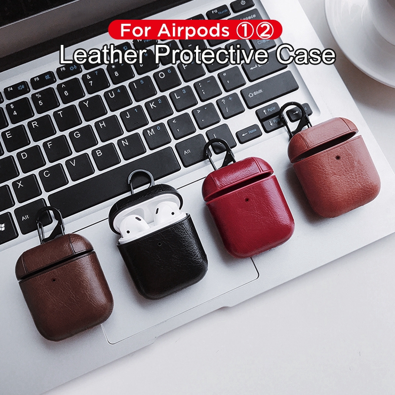 Vỏ hộp đựng tai nghe Airpods 1/2 bằng da có móc treo