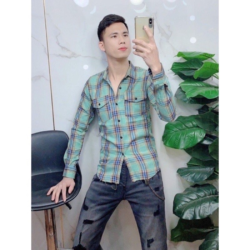 Sơ mi kẻ 2 túi ngực , sơ mi nam kẻ pha màu