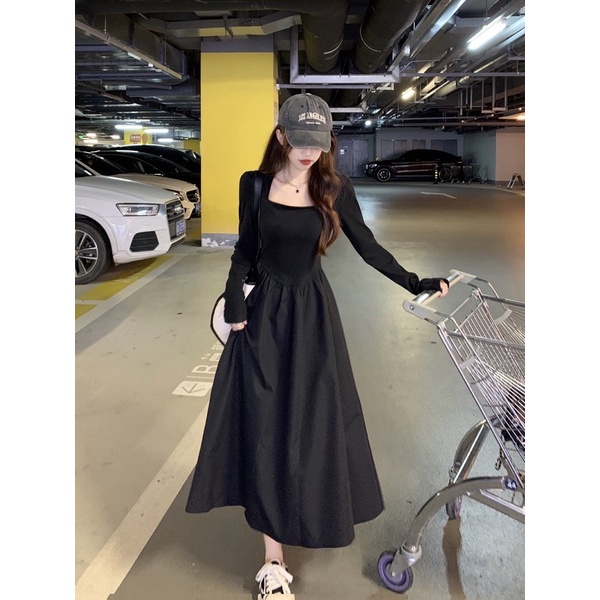 Đầm Dài Tay Cổ Vuông Thiết Kế Chiết Eo Nữ Tính