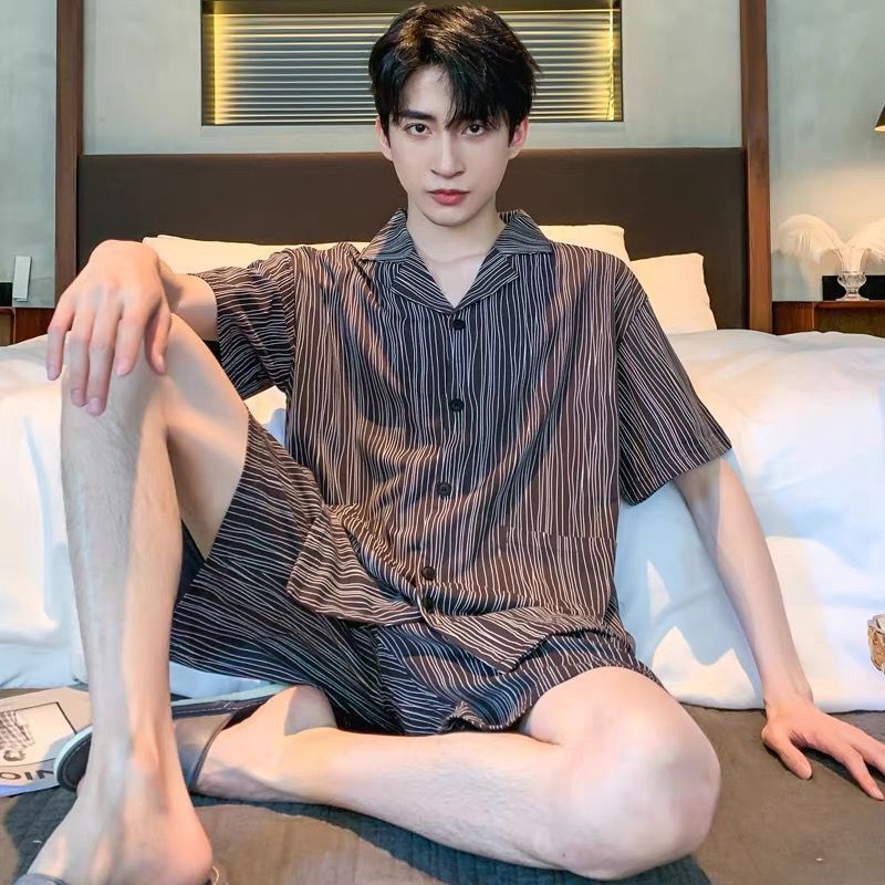 Bộ Đồ Ngủ Vải Lụa Lạnh Mỏng Tay Ngắn Phong Cách Hoạt Hình Dành Cho Nam Thanh Thiếu Niên