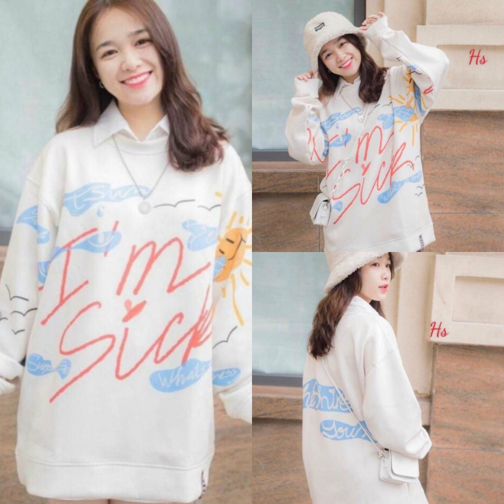 Áo Thun Sweater Nỉ Nữ Trắng Sky IM SICK 61kg - Dài Tay Dáng Rộng G0101