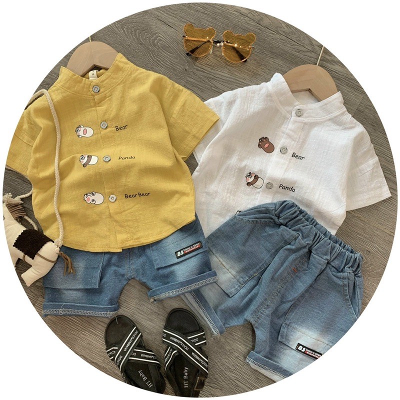 SET BÉ TRAI ÁO SM ĐŨI CỔ TÀU MIX QUẦN BÒ