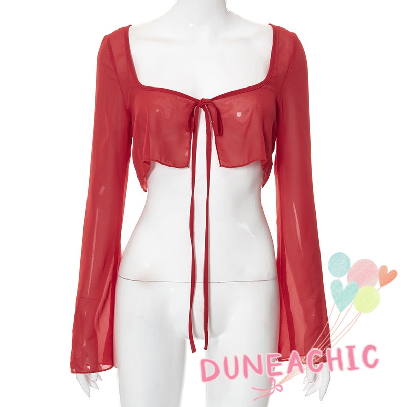 DUNEA Áo Kiểu Dài Tay Cổ Vuông Thiết Kế Quyến Rũ Thời Trang Dành Cho Nữ