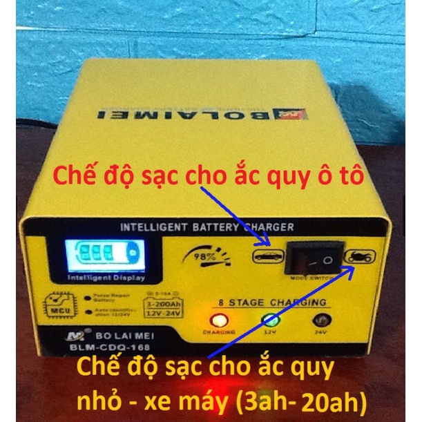 Máy sạc ắc quy điện tử 12v6Ah/24v3Ah- 200ah, sạc bình ắc quy cho ô tô, xe máy thông minh tự ngắt khi đầy, BOLAIMEI 2021