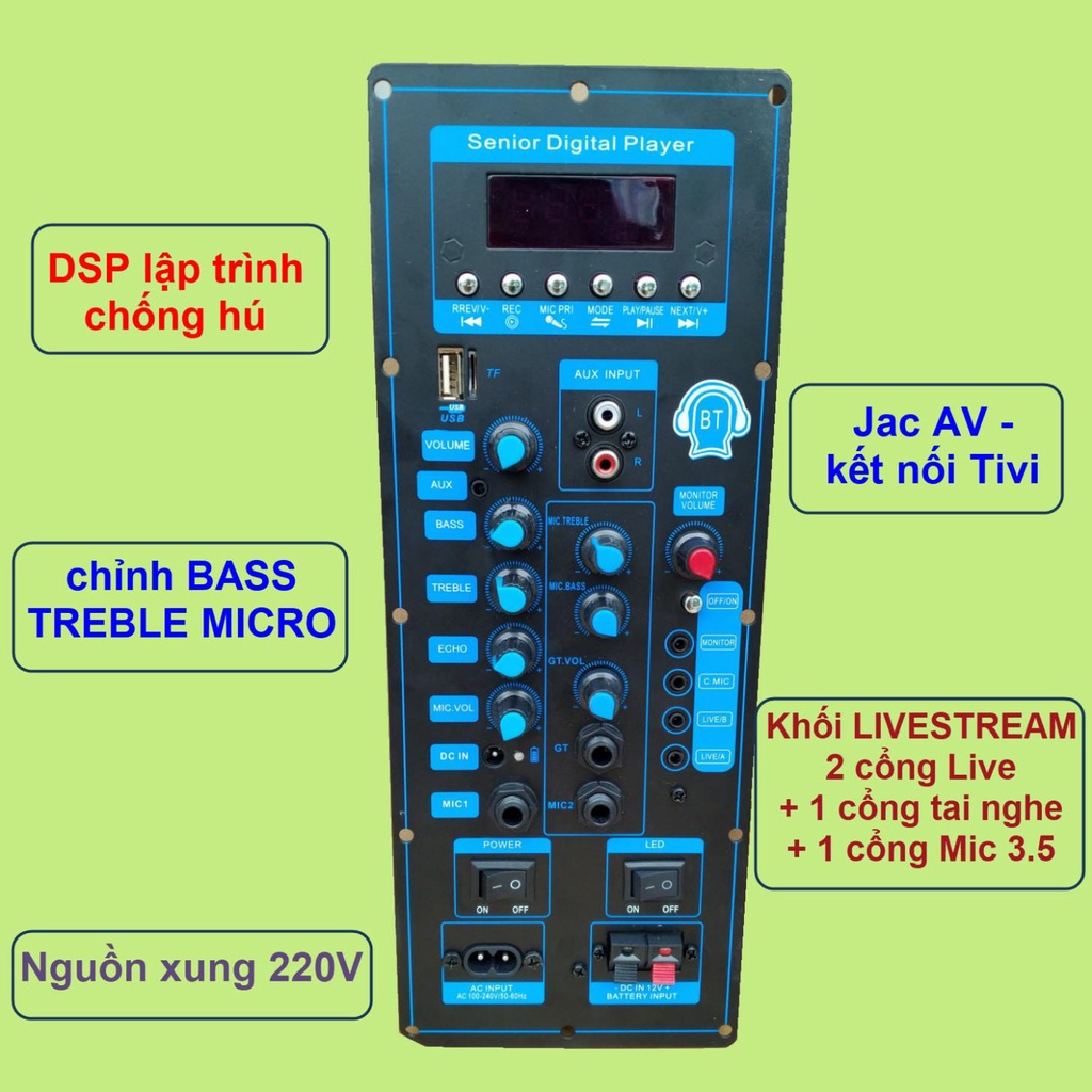 Mạch loa kéo TPA3116D2 150W LIVESTREAM - DSP lập trình chống hú loa kéo 4 – 3 tấc ĐƠN hoặc 3 – 2.5 tấc ĐÔI VR XANH