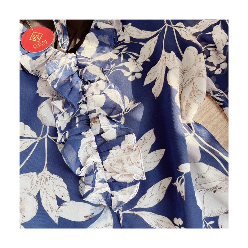Áo kiểu hoa vintage G171 CÓ BIGSIZE xanh coban chất chiffon, dễ kết hợp với chân váy và quần thời trang - GEM Fashion