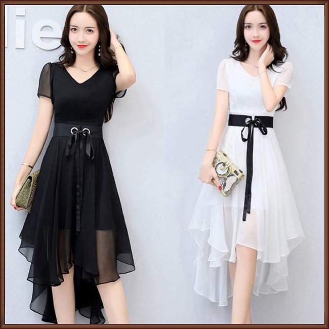 Đầm Voan Ngắn Tay Cổ Chữ V Thiết Kế Bất Đối Xứng Phối Dây Rút Thời Trang Cho Nữ