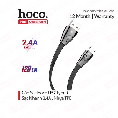 Cáp sạc 2.4A Hoco U57 Type-C dây TPE dẹp truyền dữ liệu cho Android dài 120CM ( Đen)