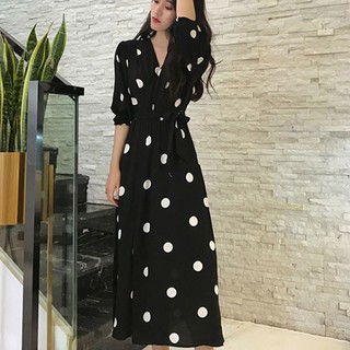 Đầm nữ ngắn tay cổ chữ V họa tiết chấm bi thời trang