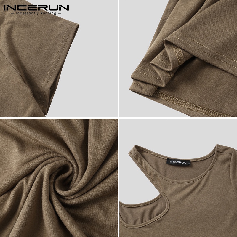 Áo kiểu INCERUN dành cho nam thiết kế tay ngắn cắt lỗ trơn màu thời trang