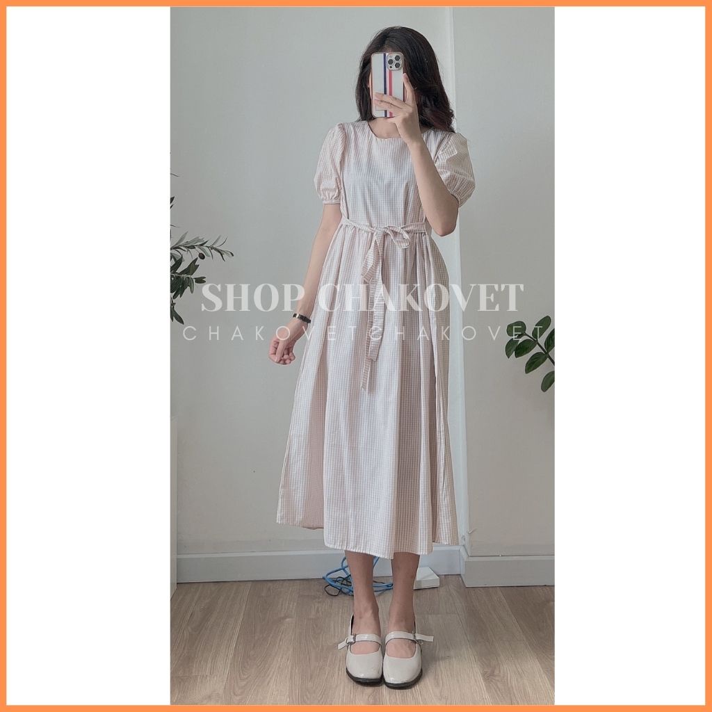 Đầm nữ cổ tròn cúc sau buộc nơ V8277 váy nữ dáng dài đi biển xinh quá gối cộc tay babydoll dự tiệc sang chảnh -CHAKOVET