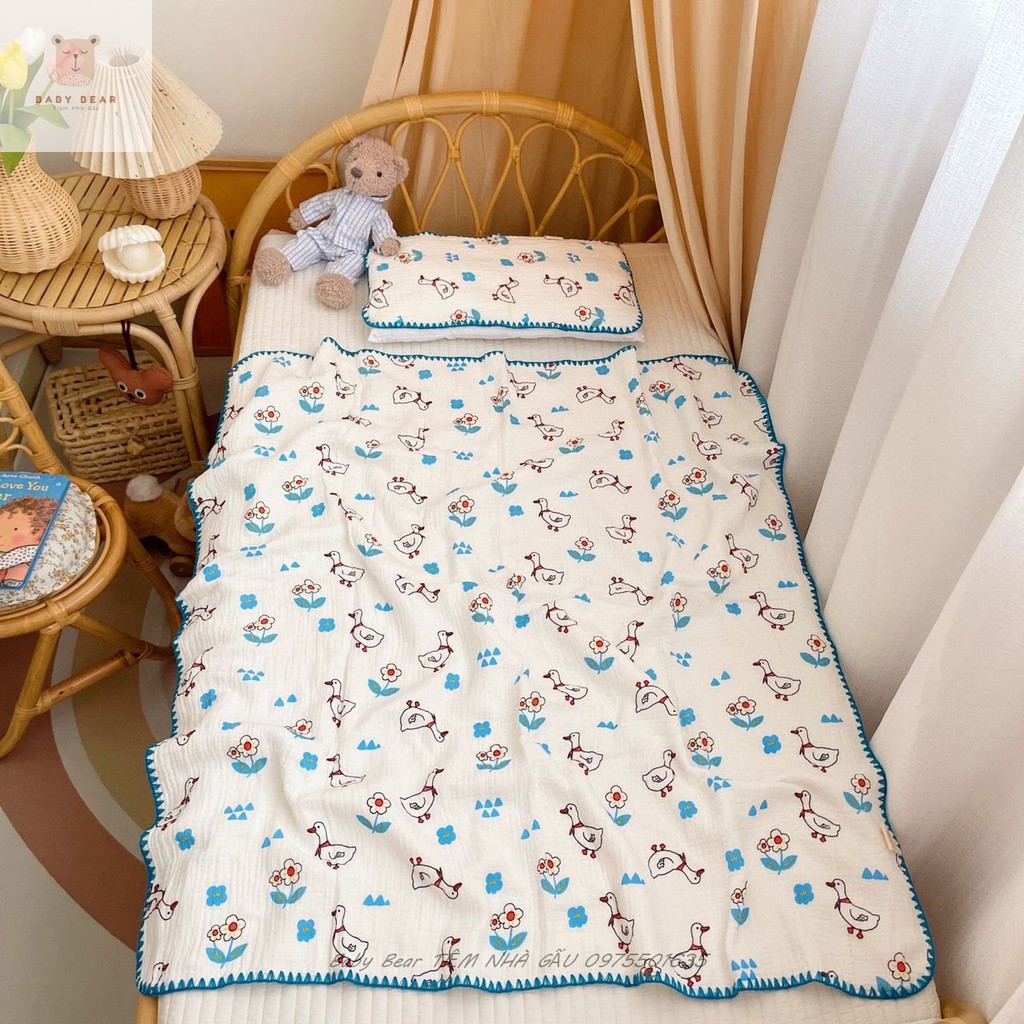 (6 mẫu) Set chăn gối xô cao cấp viển ren cho bé Xô Muslin Hàn Quốc không xù kích thước 105*110cm