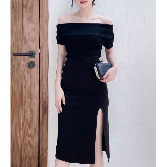 Sang chảnh outfit !!!!!!!!! Set váy thiết kế Simee áo trễ vai xẻ mix chân váy xẻ tà