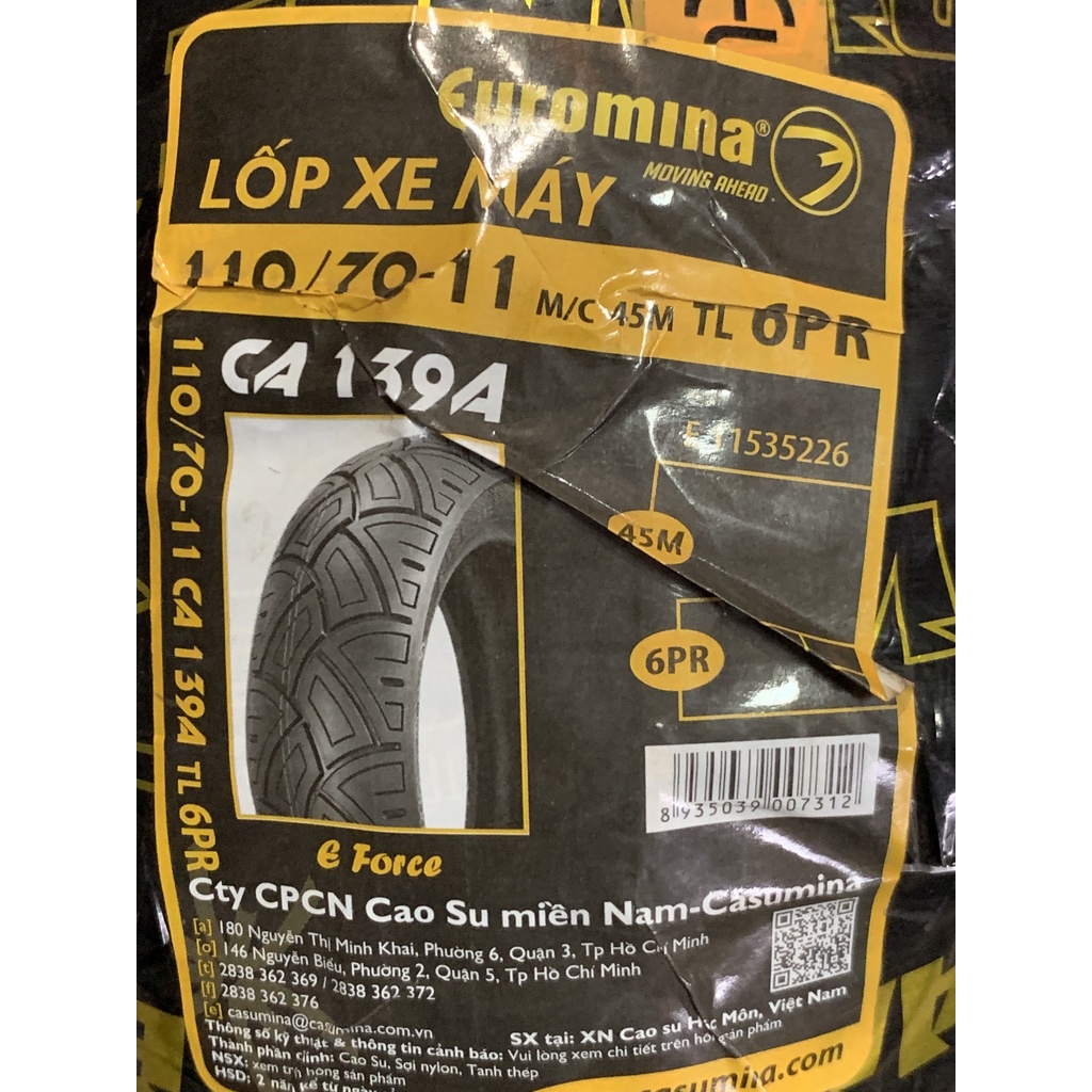 Vỏ Euromina 120/70/10, 110/70/11 Bánh Trước/Sau Vespa Primavera, Lx125/150 - Không Ruột