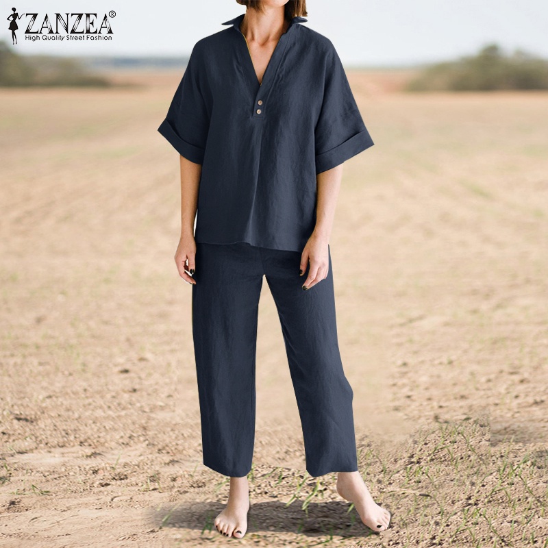 Bộ đồ Zanzea gồm áo sơ mi tay ngắn cổ bẻ và quần dài ống rộng màu trơn sành điệu cho nữ