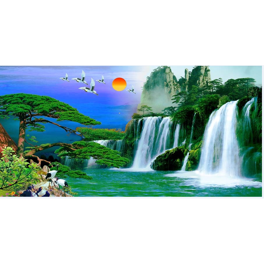 Tranh dán tường 3d thác nước thiên nhiên với dòng nước đập mạnh cùng bọt trắng xóa gây cho bạn ấn tượng