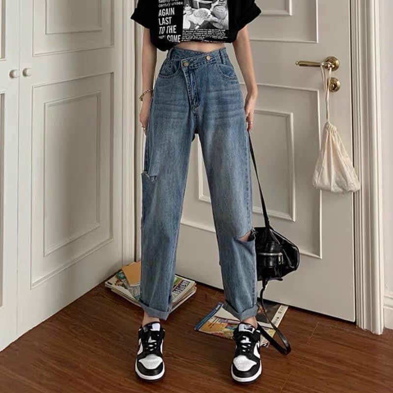 Quần BAGGY bò 2 cúc rách nhẹ🌸DAQUY20🌸👉kéo sang phải xem ảnh thật
