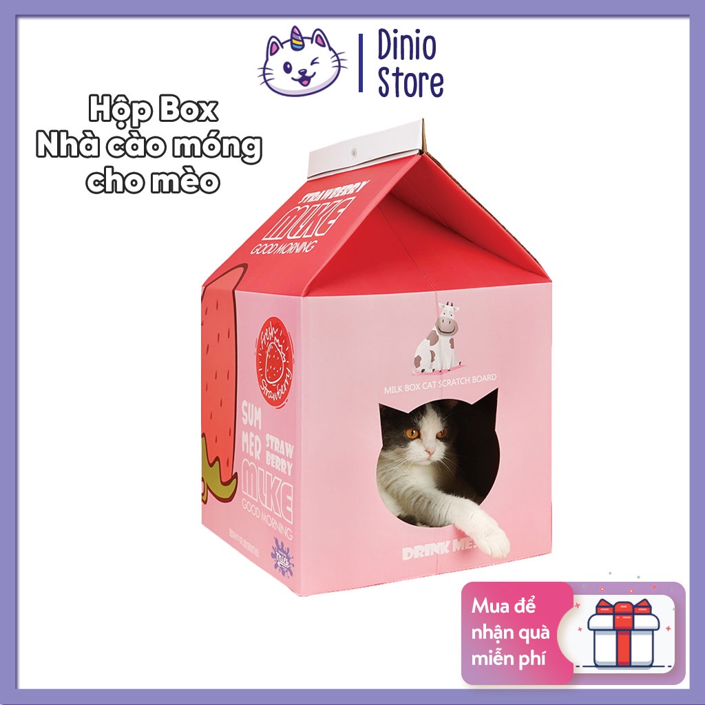 Hộp box nhà catton kèm bàn cào móng cho mèo, hình hộp sữa - Tặng kèm catnip