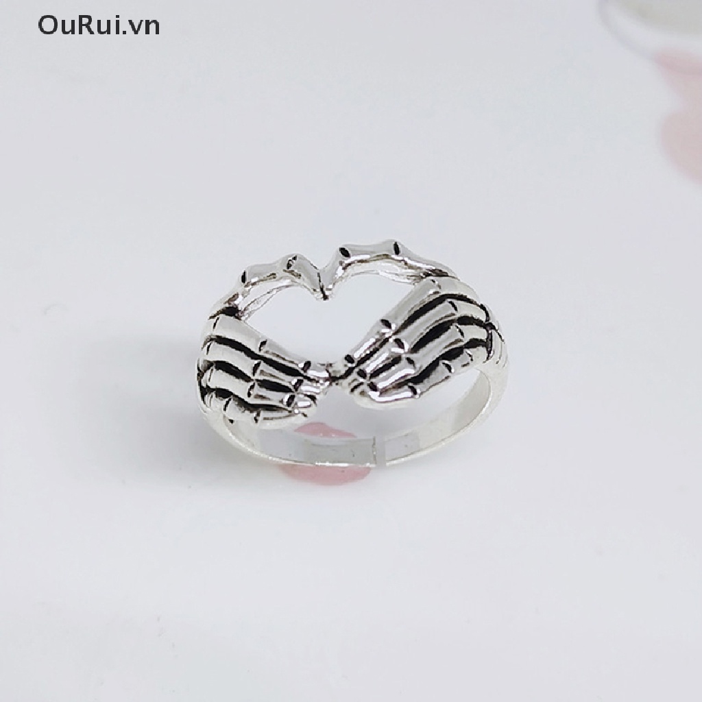 Nhẫn đôi mạ bạc hình bàn tay phong cách punk gothic sáng tạo