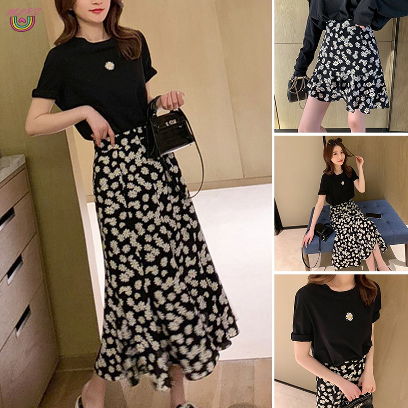 VN Set Chân Váy Chữ A Và Áo Thun Tay Dài Họa Tiết Hoa Cúc Thời Trang Cho Nữ