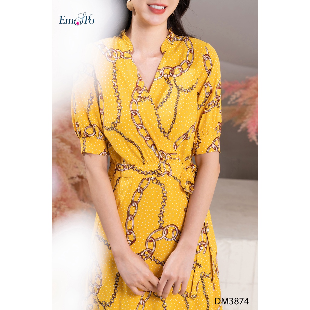 Đầm xòe họa tiết, thắt đai eo, tay bồng phối chun Emspo DM3874 (Tím than, Vàng)