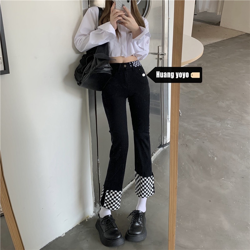 Quần jean ống đứng dáng rộng họa tiết sọc caro thời trang Hàn Quốc dễ phối đồ cho nữ