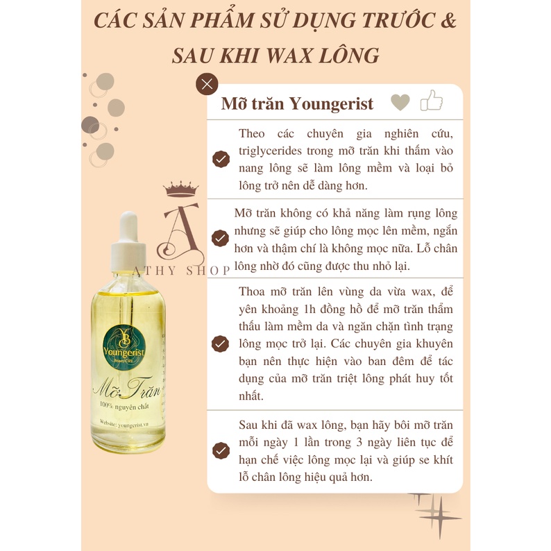 SÁP WAX LÔNG YOUNGERIST THƠM MÙI DỪA BÁM LÔNG TỐT dùng cho nách tay chân lưng bikini vùng kín