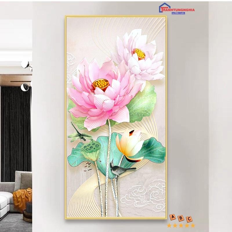 Tranh đính đá, tranh thêu chữ thập hoa sen