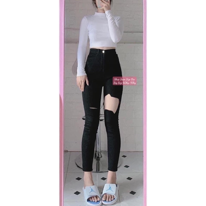 Quần Jean Nữ Skinny Đen/Xám Rách Đùi To Tua Lai Mẫu Mới Hot Lưng Cao Co Giãn