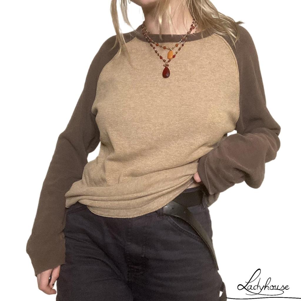 Áo Thun Raglan Tay Dài Cổ Tròn Màu Sắc Tương Phản Thời Trang Cho Nữ