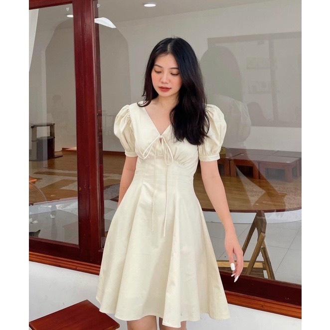 Đầm xòe nữ cổ nơ tay bồng chun ngực HNL424, đầm tiểu thư hàn quốc điệu đà nữ tính