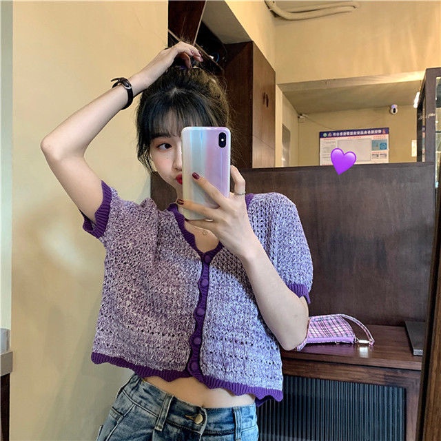 Áo Cardigan Dệt Kim Mỏng Tay Ngắn Cổ Chữ V Dáng Rộng Màu Sắc Thời Trang Dành Cho Nữ