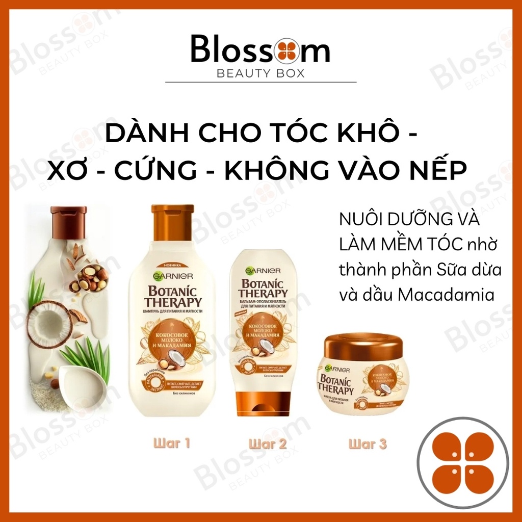 Dầu gội DỪA / xả tóc khô- rễ tre, thiếu sức sống, không vào nếp Garnier Botanic Therapy Dừa + Maccadamia