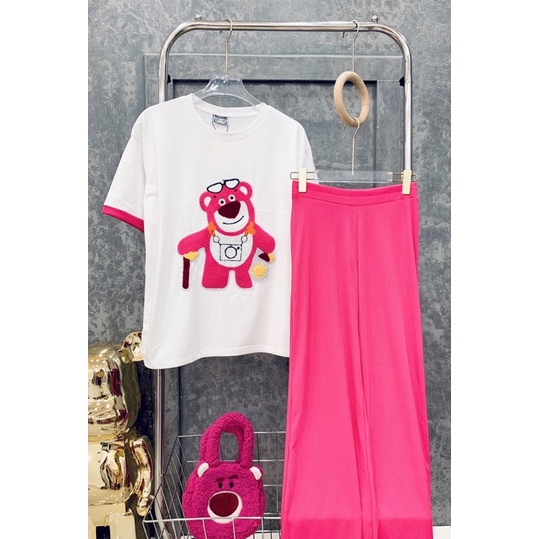 Set áo cotton gấu hồng thêu quần suông hình thật K3