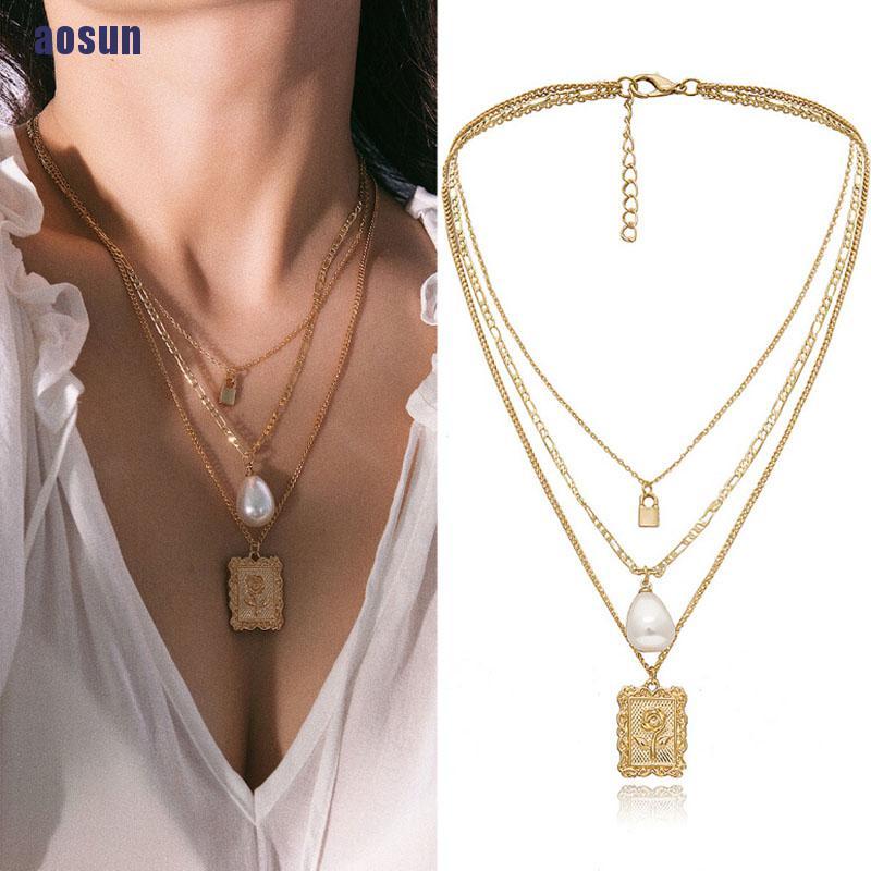 (Hàng Mới Về) Vòng Cổ Choker Nhiều Lớp Đính Hoa Hồng Và Khóa Ngọc Trai Phong Cách Boho