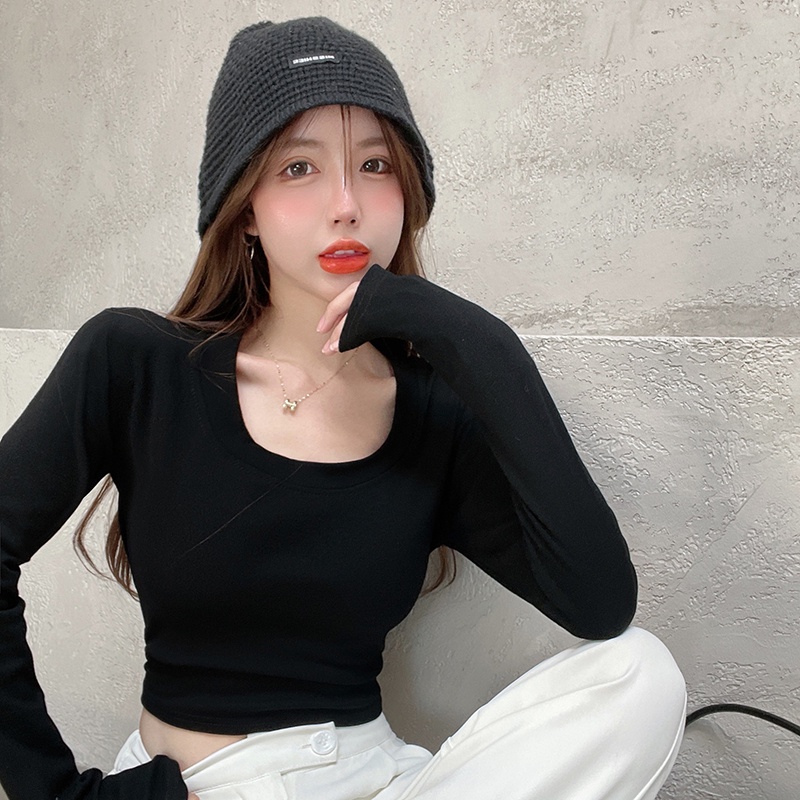 Áo Croptop Tay Dài Cổ Chữ U Màu Sắc