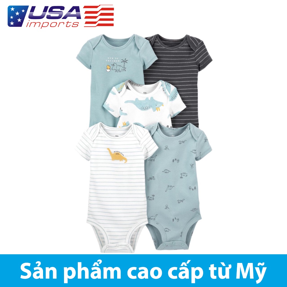 Set 5 áo liền quần tay ngắn xanh xám khủng long Car-tờ Auth Từ Mỹ (1L764610)