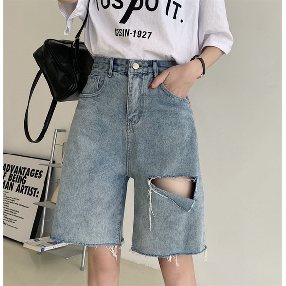 Quần Short Jeans Rách Lưng Cao Thời Trang Dành Cho Nữ