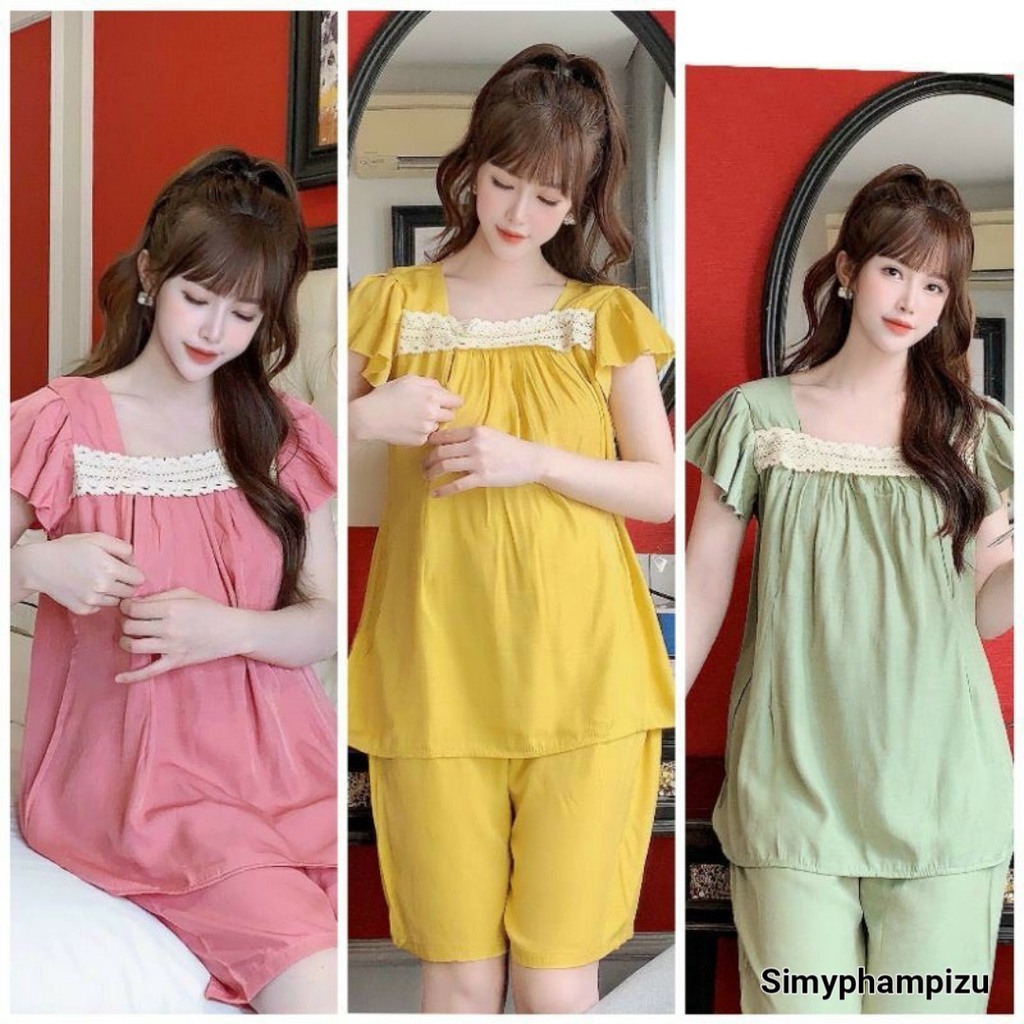 Bộ đồ bầu lửng chất đũi Hàn với thiết kế cổ ren tay bèo có khóa ngực cho  mẹ bầu và sau sinh BL870