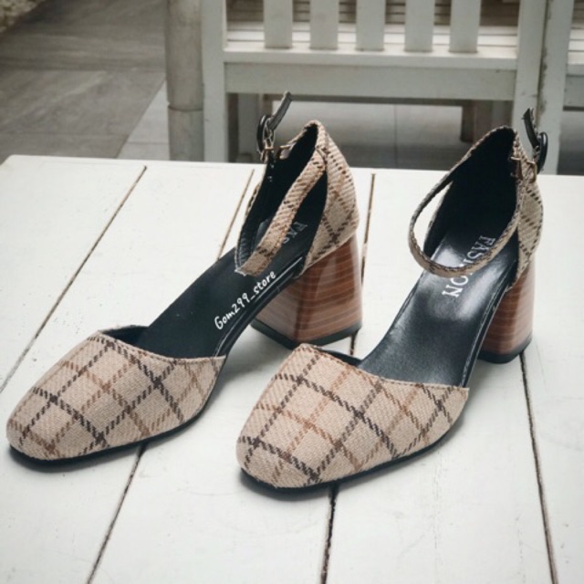 [XẢ KHO]  Giày cao gót nữ kẻ sọc  đế vuông 5P