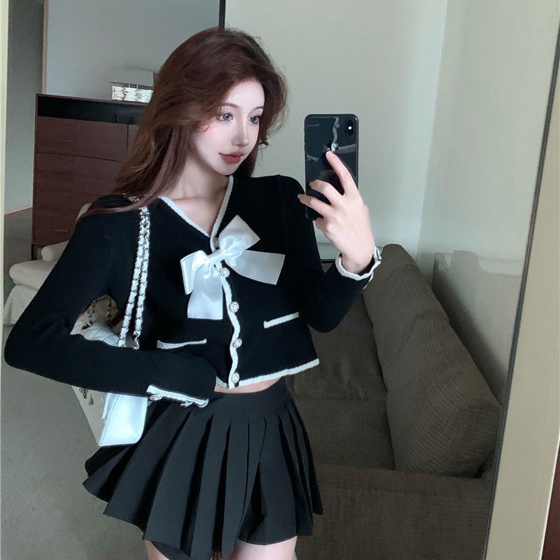 Áo cardigan dệt kim tay dài đính nơ thiết kế mới thời trang mùa thu 2021