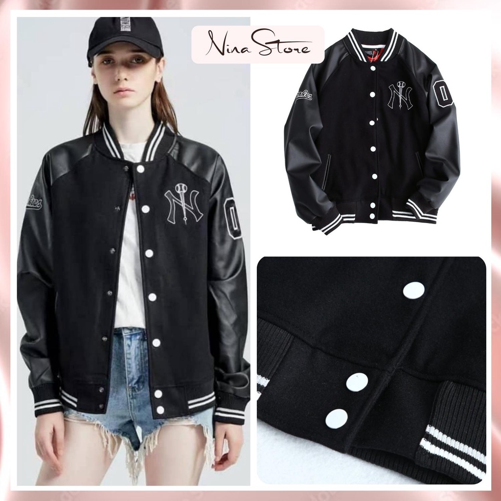 Áo khoác bóng chày nam nữ bomber unisex N.Y varsity chất nỉ tay phối da cao cấp NinaStore