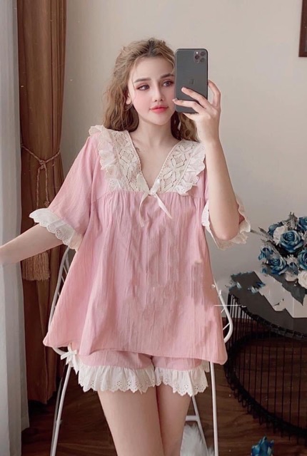 Bộ mặc nhà caro hồng phối ren các mãu | BigBuy360 - bigbuy360.vn